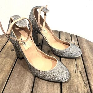 Valentino Crystal-Embellished Silver Ankle-Strap Block Heels